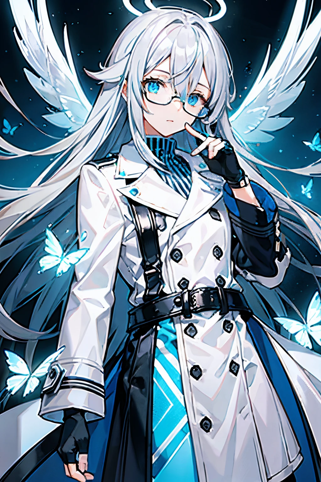 hairy balls,Flowing silver-blue hair,White striped trench coat,eye glass,Black fingerless gloves,the only person,through bangs,glow blue eyes,The halo,half-close eyes,butterflys