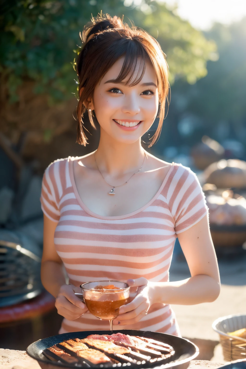 (masutepiece,Best Quality,hight resolution,Realistic,Portrait photos,), (Solo Beauty Idol Girl,with round face),(Light brown and pink striped hair,poneyTail,hair pin,),Happy smiling face、Girl enjoying barbecue on beautiful riverbed,(Roast the meat on a strong fire with a drink in one hand:1.3),Loose T-shirt.mid-riff peak,shortpants,Necklace,Piercing,Beautiful hands,Beautiful fingers,
(Looking at Viewer,),(sun beam, Backlighting,)(Full body shot,),