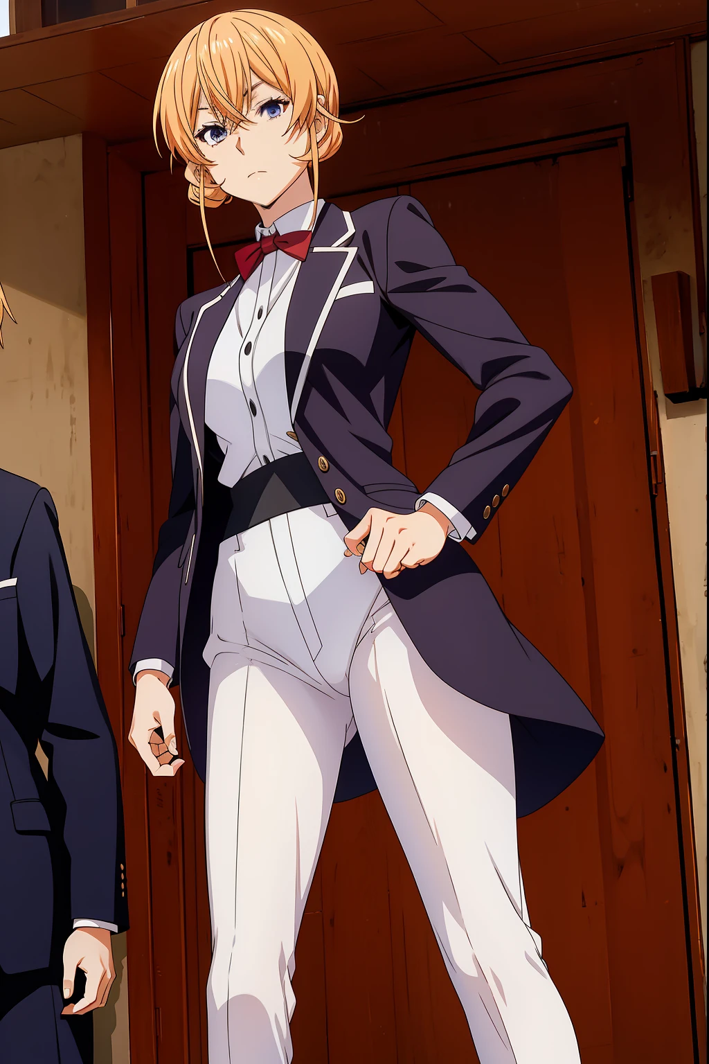 Nakiri Erina wears a tuxedo suit with a long seelk jacket and white tight pants, blonde hair, Full body, badass female, waltz dance