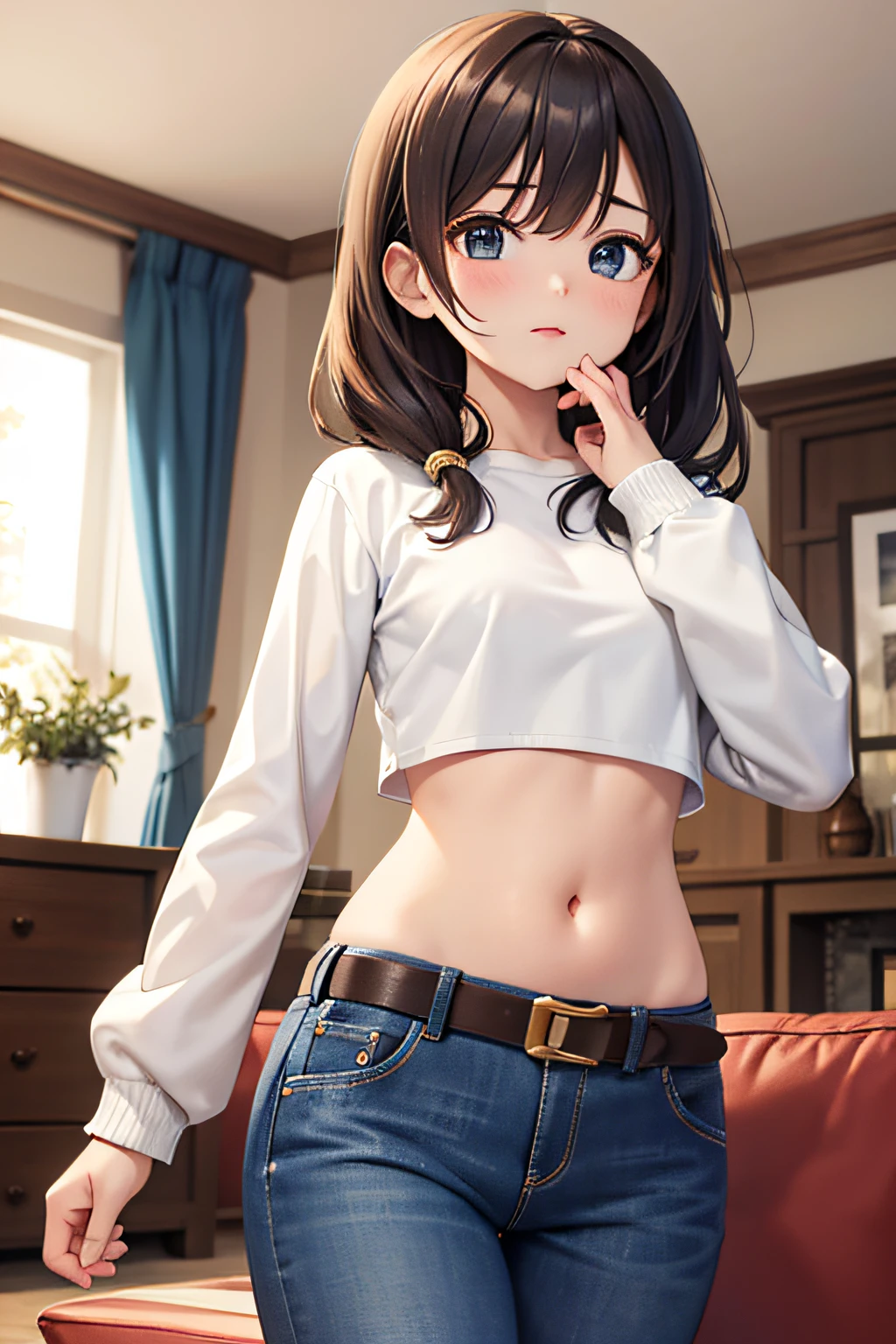 crop top, white t shirt, long sleeves,1 girl, solo, medium breasts, belt, tummy, living room, hand covering face, jeans