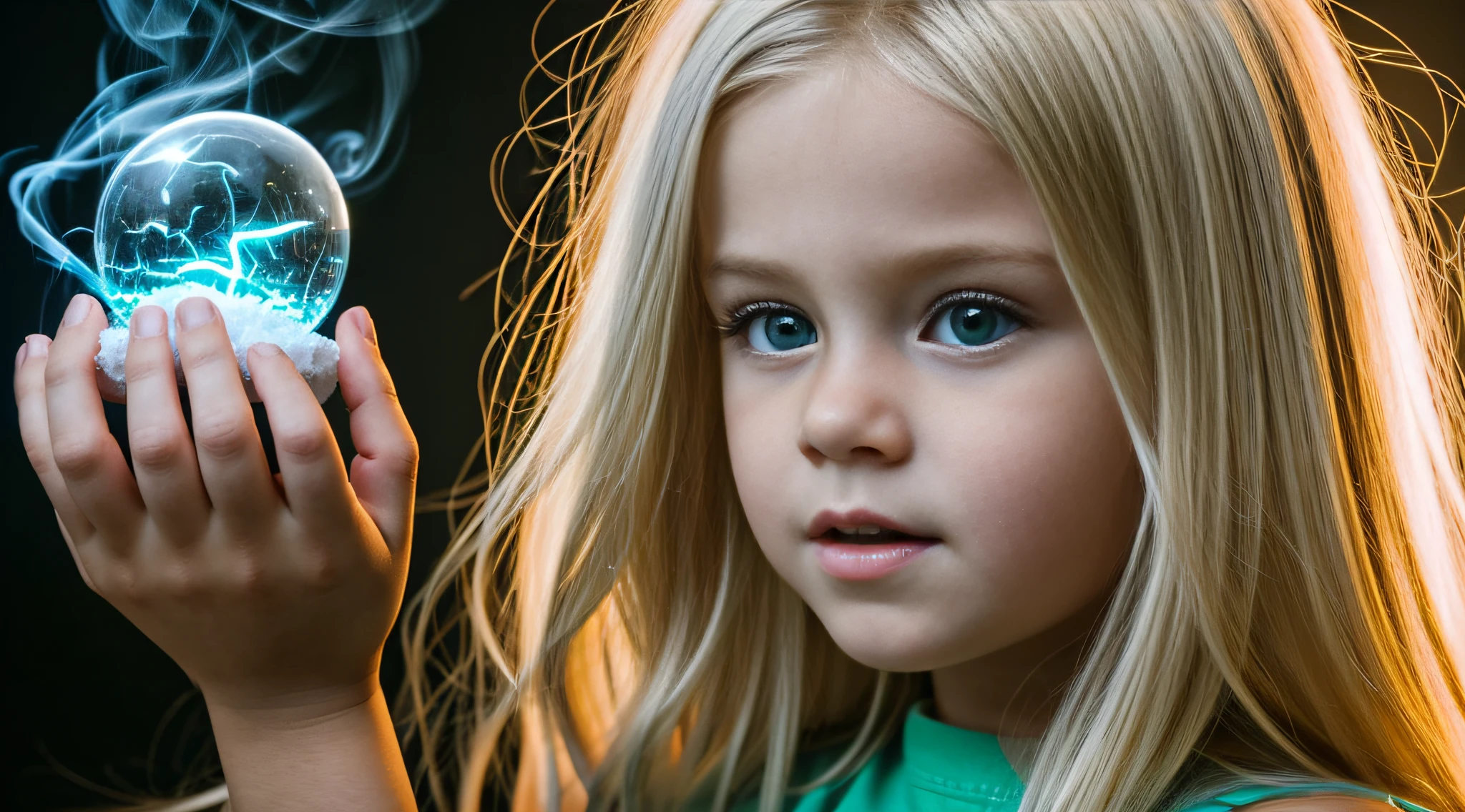 a close-up of a blonde  with long hair, BIG BALL OF electrified ICE IN HANDS. Smoke green.