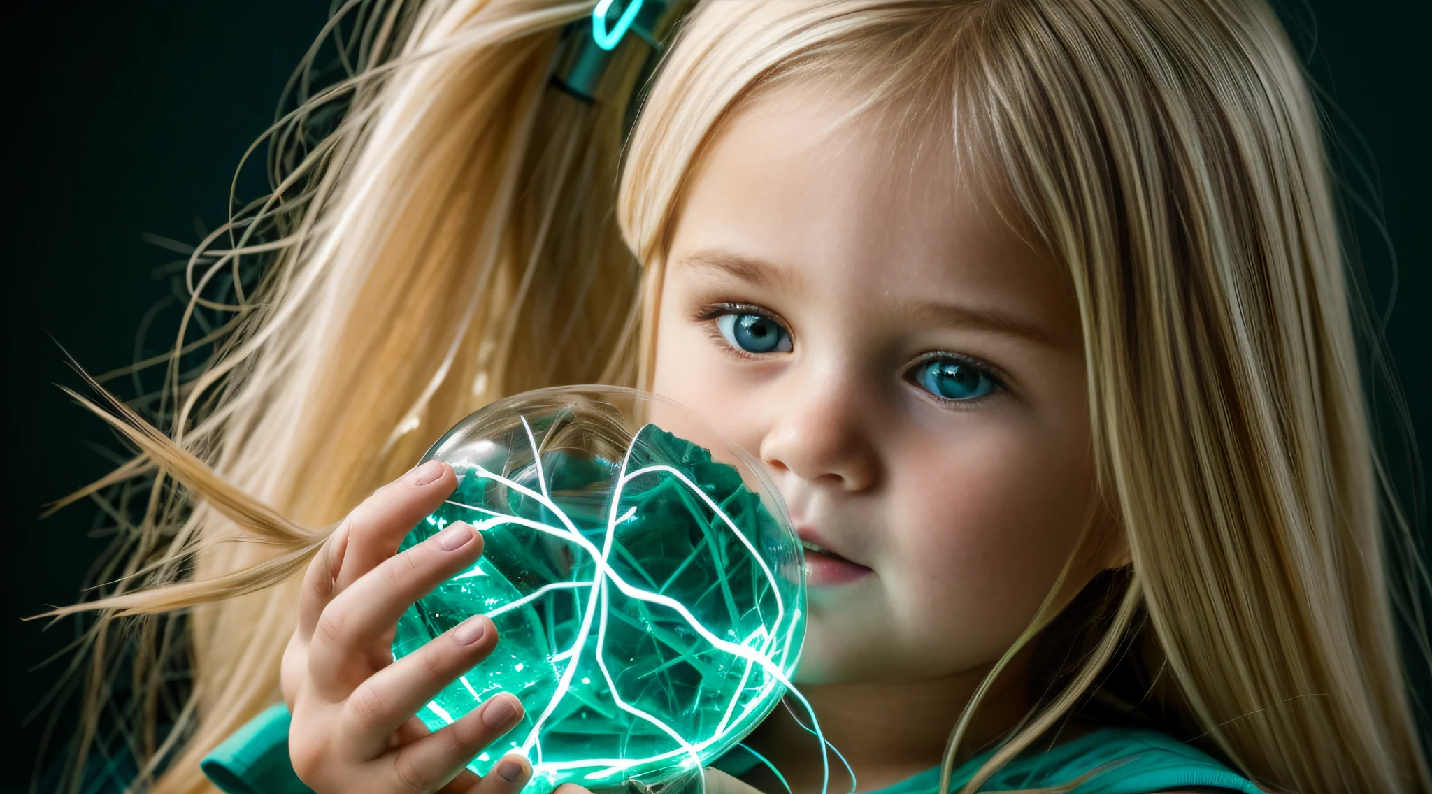 a close-up of a blonde child with long hair, BIG BALL OF electrified ICE IN HANDS. Smoke green.