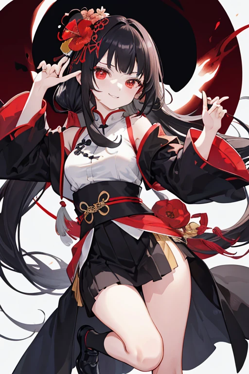 ((tmasterpiece:1.4,Best quality))++,(hyper-detailing)+,(Best quality,hyper-detailing,vibrant with colors,rich colourful,dynamic angle,hight contrast:1.2),girl,Height about 158cm,Blood-red eyes,black long straight hair,No braids,Qi bangs,Wearing a Hibiscus flower as a headdress on the left side of the head,There is a red tassel hanging under the Bana flower,Wearing a skirt with flower elements,flatchest,One hand holds a sword ,smiling expression,adolable,Chinese ghost elements,There are several transparent white cute ghosts in the back,There are also Chinese charms affixed to some parts of the body.,Black shoes,delicated face,exquisite facial features,(from below:0.5),Fashionab, with dynamism, garments, posing on a, frontage, rich colourful, dyna, Background with, element in, self-assured, Expressing the, statement, fittings, A majestic, coil, Runt, Scenes, Cover of a, boldness, attention-grabbing,Fashionab, typeface, Catchy, attention-grabbing, modern day, Fashionab, focal, Fashionab, cute female child,((tmasterpiece:1.4,Best quality))++,(hyper-detailing)+,(Best quality,hyper-detailing,vibrant with colors,rich colourful,dynamic angle,hight contrast:1.2),girl,Height about 158cm,Blood-red eyes,black long straight hair,No braids,Qi bangs,Wearing a Hibiscus flower as a headdress on the left side of the head,There is a red tassel hanging under the Bana flower,Wearing a skirt with flower elements,flatchest,One hand holds a sword ,smiling expression,adolable,Chinese ghost elements,There are several transparent white cute ghosts in the back,There are also Chinese charms affixed to some parts of the body.,Black shoes,delicated face,exquisite facial features,(from below:0.5),Fashionab, with dynamism, garments, posing on a, frontage, rich colourful, dyna, Background with, element in, self-assured, Expressing the, statement, fittings, A majestic, coil, Runt, Scenes, Cover of a, boldness, attention-grabbing,Fashionab, typeface, Catchy, attention-grabbing, modern day, Fashionab, focal, Fashionab, cute female child