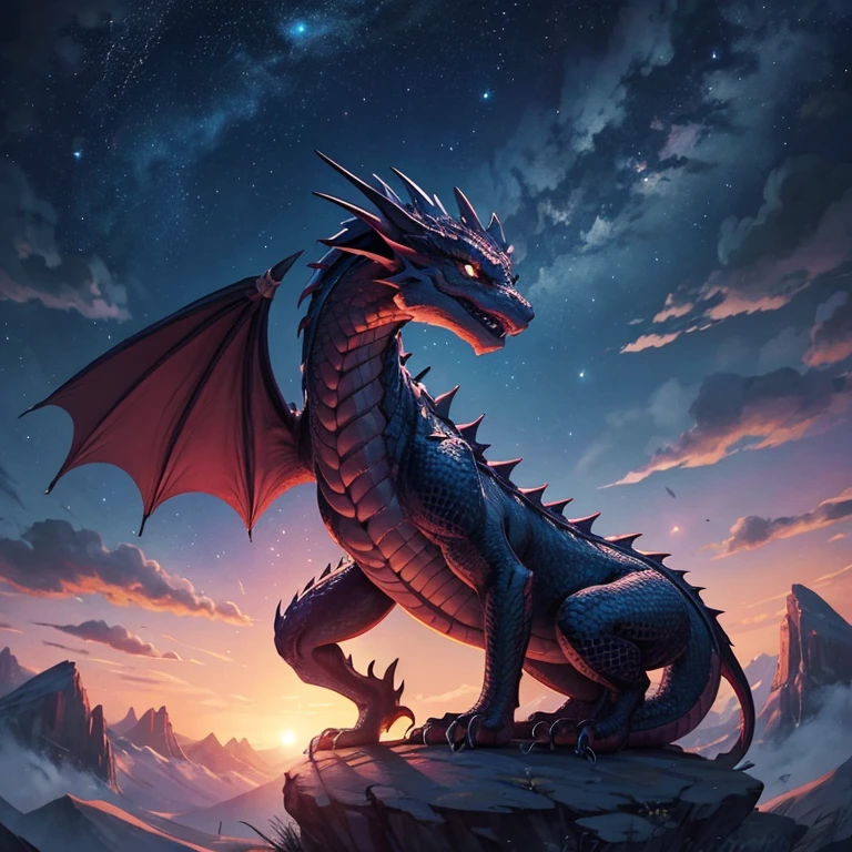 The dragon、illustratio、friendly、The background is a simple night sky、just before sunrise、margin for writing、cheerfulness