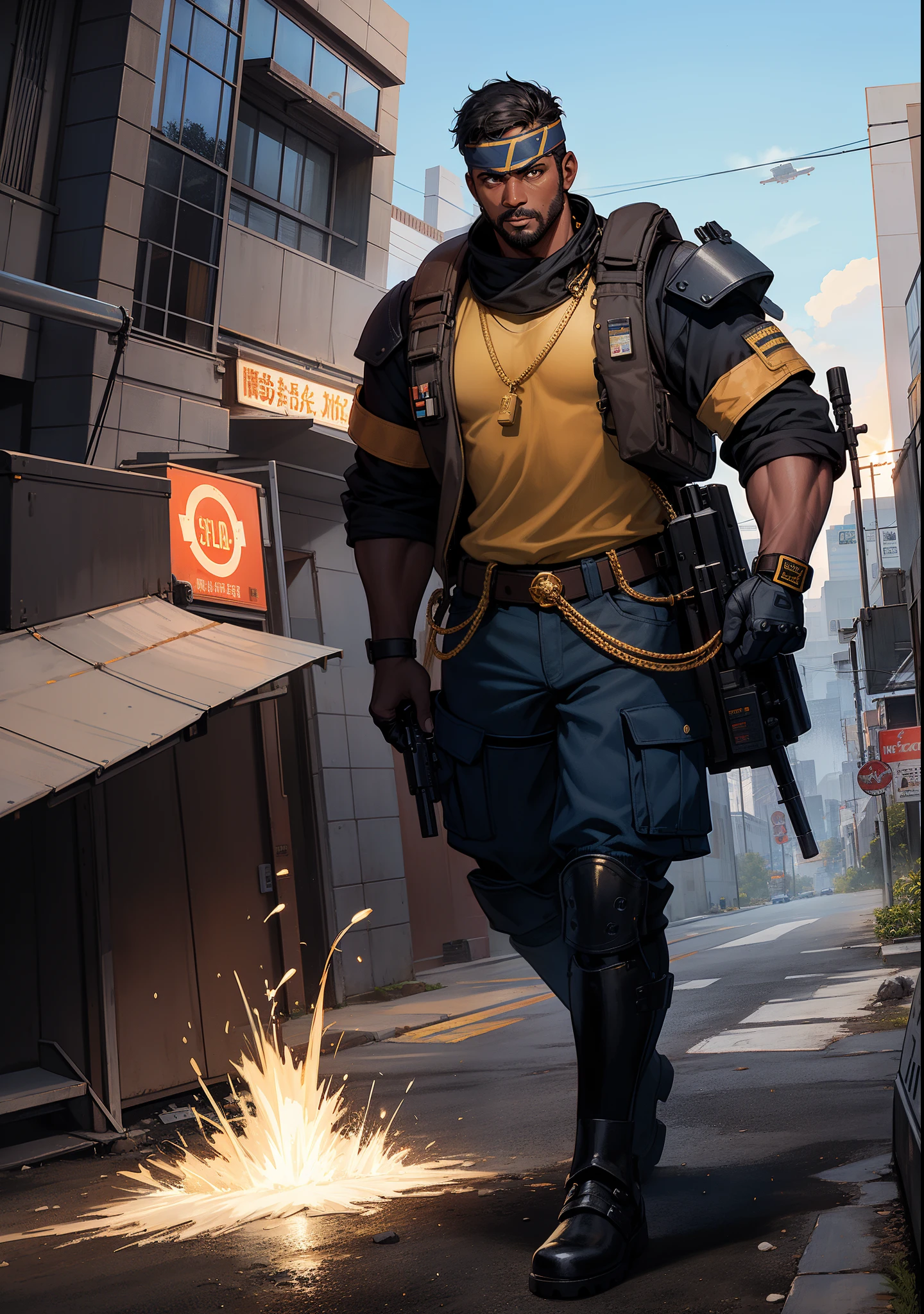 comic book illustration, one brown-skinned figure with no face, glowing gold eyes, wild haircut, wearing a sci-fi headband, fancy shoulder pads, collared shirts, military vests, rugged cargo pants, knee and elbow pads, steel-toed boots, fingerless gloves, holding a desert eagle handgun in the right hand, with gold-blue psychic circuitry aura around left hand in front of a warehouse in front of a mountain