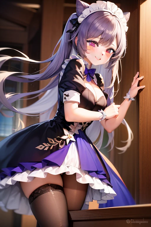 1girl, rubbing the , Table hump, Dress, looking a viewer, Smile, maid unifrom,, Masterpiece, Best Quality, Highly detailed