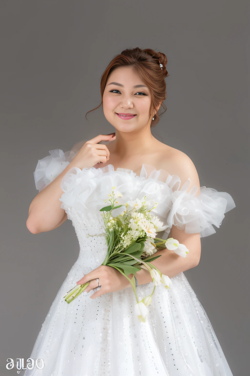 There was a woman in a white dress holding a bouquet of flowers.., Wear an organza dress., Inspired by Kim Jeong-hui, white outfit, Inspired by Kim Du-ryang, with flowers, Wear a wedding dress, Wear a long dress.., cloak, chiho, with frozen flowers around her, Close-up photography studio, Height 165 cm..
