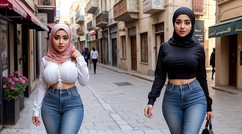 Beautiful cute busty 22 years old arabian girl. Egyptian face. Big lips. Full makeup. Wearing casual outfit. Hijab. Hair. Thicc seductive figure. Walking in street