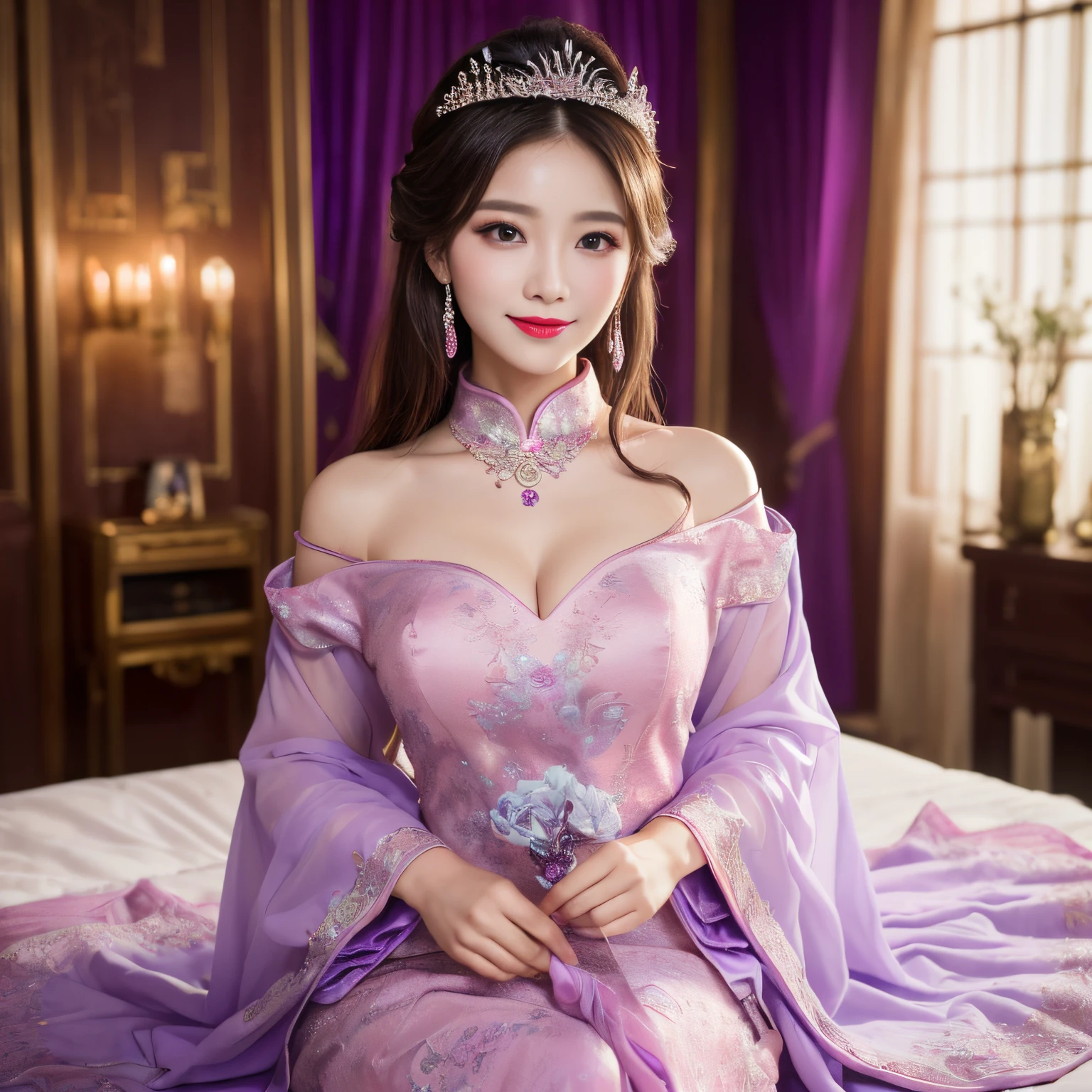 (top-quality、masutepiece、8K、Top image quality、Highly complex and detailed depictions)、one prostitute goddess、The best luxury where everything is unimaginable、most gorgeous chinese goddess costume、The most gorgeous goddess furisode、(Surrounded by pink and purple curtains:1.3)、sit on a huge bed、(The background is completely surrounded by curtains:1.3)、(blurry backround:1.5)、(Very romantic atmosphere:1.3)、Everything in the background is gorgeous in pink and purple、A smile staring at me、Upper body photo、Sit on the most gorgeous bed、tons of pink and purple decorations、artistic décor、(Warm mood lighting:1.3)、spectacular movie lighting、Large amount of jewelry decoration、The most luxurious and huge tiara、giant pink and purple costume、huge pink and purple sleeves、Very complex decoration、royal、(Frontal close-up:1.2)、Front composition、(accurate anatomy:1.3)、(Sit facing the front:1.1)、symmetrical composition、huge and magnificent bed、(moody dim room:1.3)
