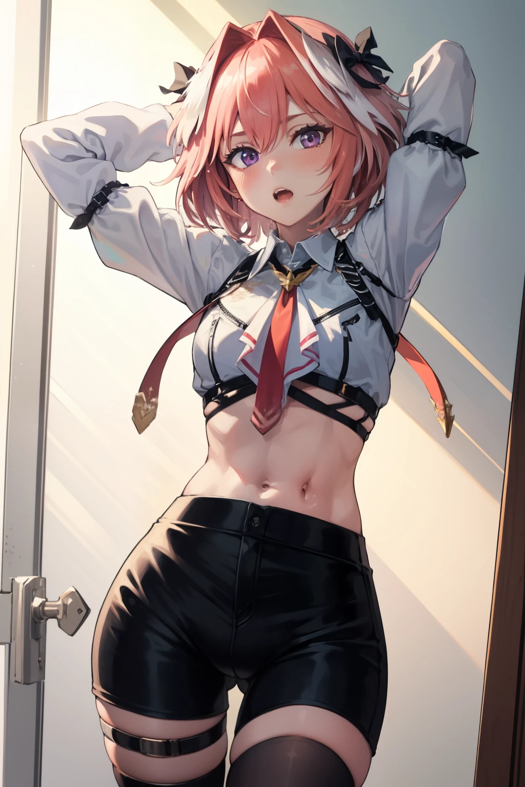 absurdres, masterpiece, best quality, (astolfo fate:1.2155), 1boy, male focus, solo, trap, pink multicolored hair, pink hair, white hair, hair intakes, long hair, pink detailed eyes, crossdressing, black panties, exposed navel,cowboy shot,white shirt, pantyhose, thigh strap,astolfo (fate), large ,Intricate Details, 4K, arms above head, bandeau, bulge,blushing