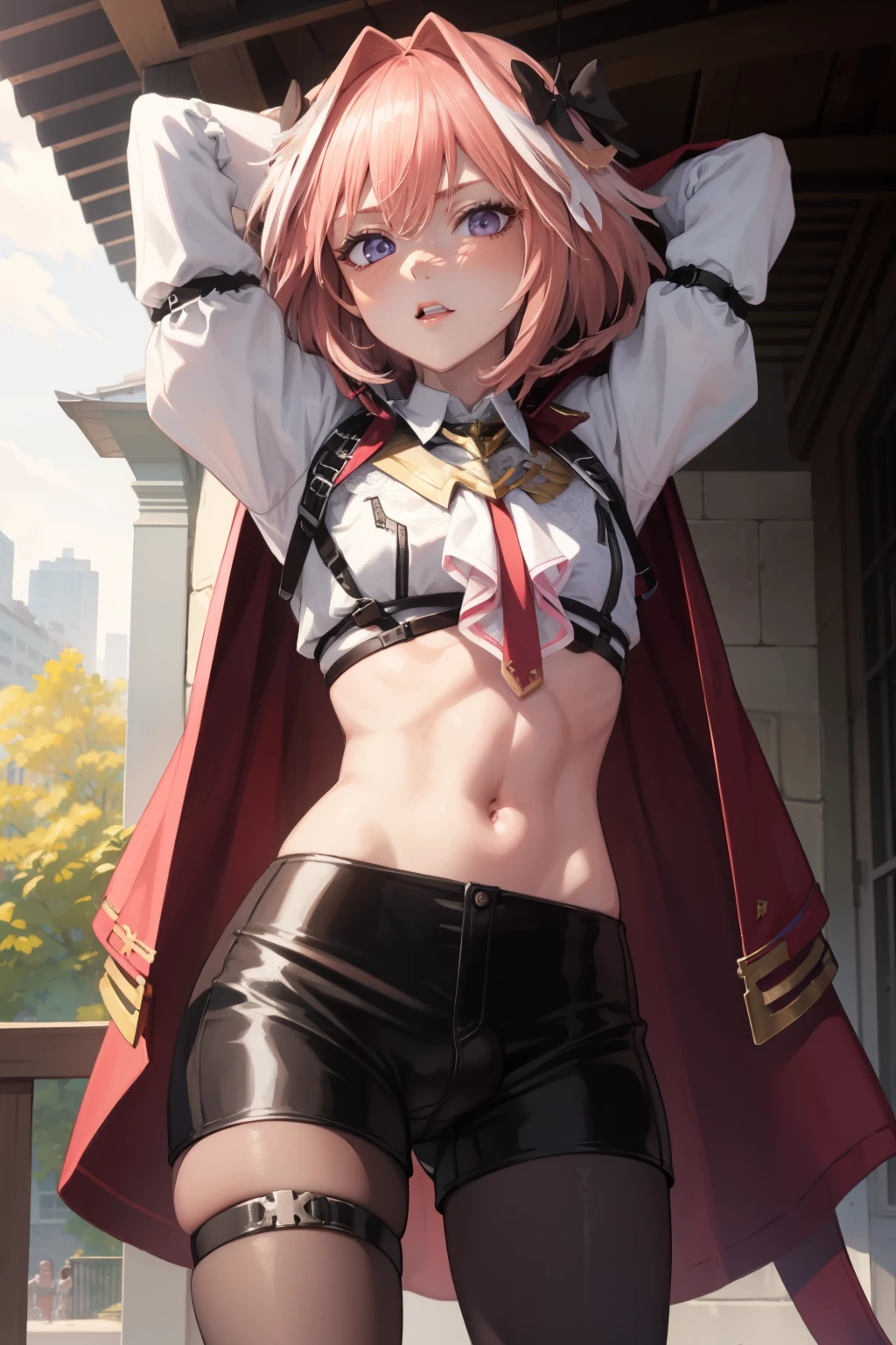 absurdres, masterpiece, best quality, (astolfo fate:1.2155), 1boy, male focus, solo, trap, pink multicolored hair, pink hair, white hair, hair intakes, long hair, pink detailed eyes, crossdressing, black panties, exposed navel,cowboy shot,white shirt, pantyhose, thigh strap,astolfo (fate), large ,Intricate Details, 4K, arms above head, bandeau, bulge,blushing