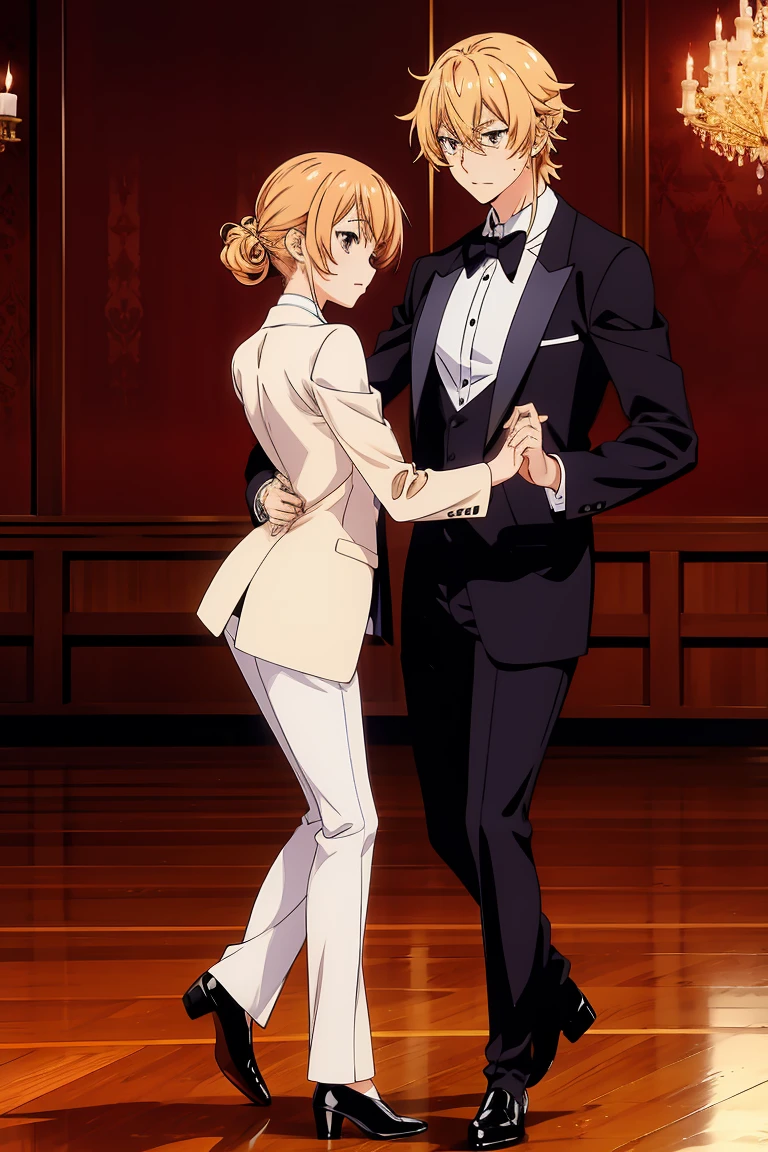 Nakiri Erina wears a tuxedo with a long silk jacket and white skinny pants, blonde hair, Full body, Waltz dance lead