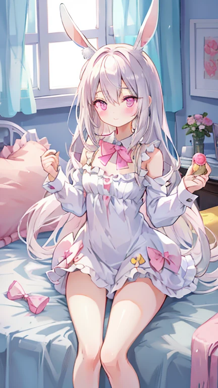 beautiful illustration, best quality, cute girl, bedroom, pastel color, fluffy bunny ears, petite, silver long hair, rabbit stuffed toy, bright lighting, light pink eyes