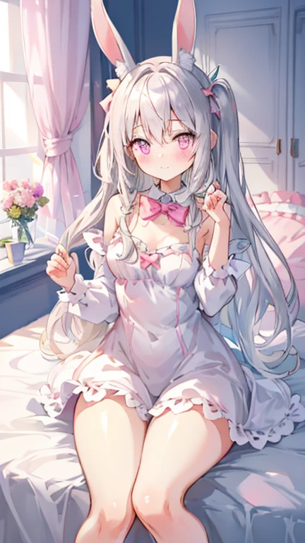beautiful illustration, best quality, cute girl, bedroom, pastel color, fluffy bunny ears, petite, silver long hair, rabbit stuffed toy, bright lighting, light pink eyes