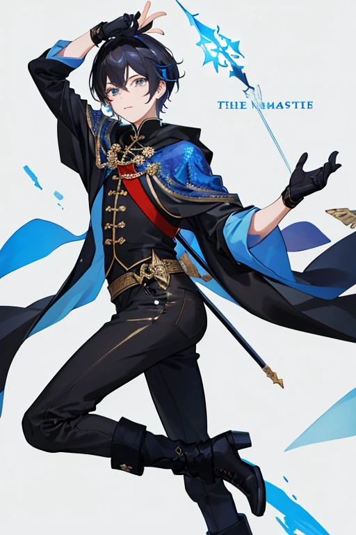 （（tmasterpiece：1.4，Best quality））++，（hyper-detailing）+，（Best quality，hyper-detailing，vibrant with colors，rich colourful，dynamic angle，hight contrast：1.2），A boy，Height is about 170cm，with short black hair，Dark blue headband on the back of the head，Left eye ice blue，The right eye is golden，Clothes that combine Chinese style with modern style，One long sleeve and one short sleeve，Black boots that don&#39;t go past the knee，black cloak，Sabre at the waist，Looks proud，black long pants，Wear black fingerless gloves，Draw the whole body in the picture，Bangs parted in the middle and rolled inwards，Stars and snowflake elements on the clothing，Secondary disease，Fashionab， with dynamism， garments， posing on a， frontage， rich colourful， dyna， Background with， element in， self-assured， Expressing the， statement， fittings， A majestic， coil， Runt， Scenes， Cover of a， boldness， attention-grabbing，Fashionab， typeface， Catchy， attention-grabbing， modern day， Fashionab， focal， Fashionab，delicated face，exquisite facial features，National tide，modern national style background