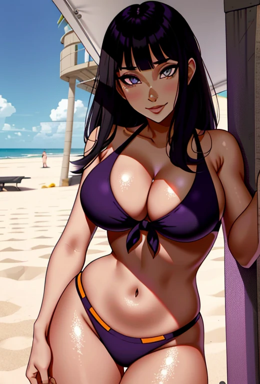 hinata, hyuuga hinata, 1girl, bangs, empty_eyes, black_hair, blunt_bangs, grey eyes, (purple bikini), highres, hime cut, front tie bikini, colorful composition, looking_at_viewer, beach smile, solo, straight hair, nevel, busty body, cowboy shot