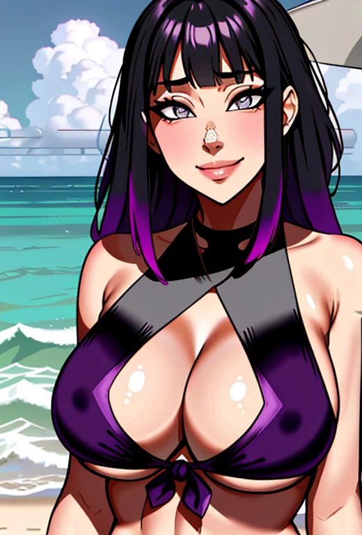 hinata, hyuuga hinata, 1girl, bangs, empty_eyes, black_hair, blunt_bangs, grey eyes, (purple bikini), highres, hime cut, front tie bikini, colorful composition, looking_at_viewer, beach smile, solo, straight hair, nevel, busty body, cowboy shot