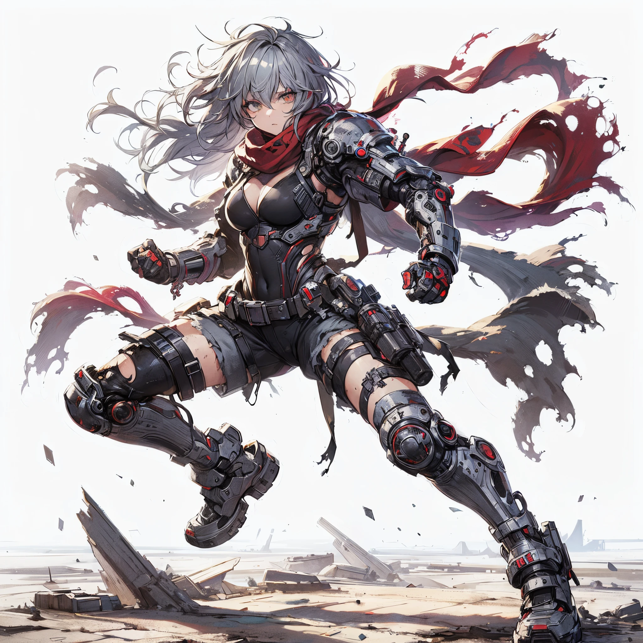 (masterpiece, best quality), ultra detailed, anime style, full body, solo, cyberpunk grappler girl, tattered high-tech armor and torn red scarf, silver hair and gray eye, fighting pose, high-tech boots, standing in wasteland, digital painting, 8K high resolution, art station trend, white background, whole body,