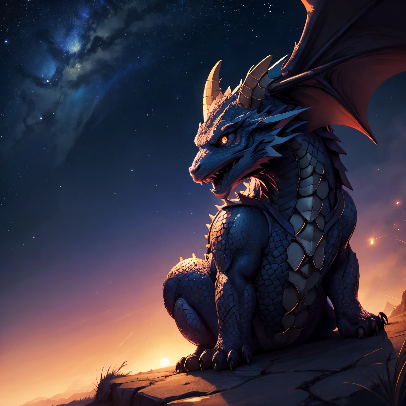 The dragon、illustratio、friendly、The background is a simple night sky、just before sunrise、margin for writing、cheerfulness