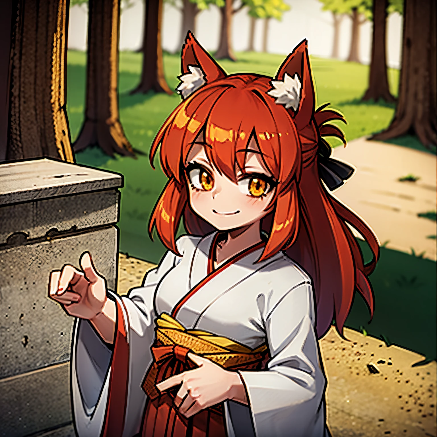 1 girl, Kitsune, red hair, long hair, yellow eyes, red fox ear in head,1 fox tail, with white kimono, xinto kimono, in a forest, smiling, 4k, masterpiece, best quality, realistic anime