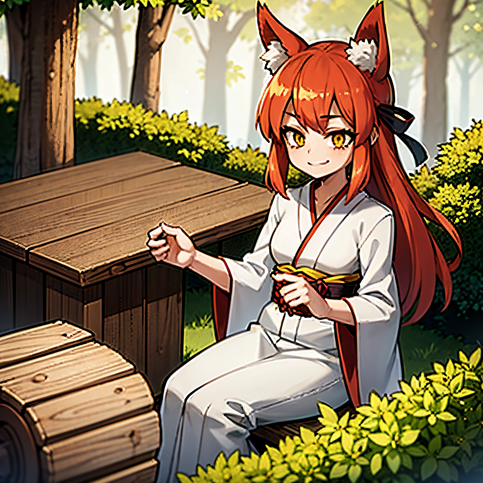 1 girl, Kitsune, red hair, long hair, yellow eyes, red fox ear in head,1 fox tail, with white kimono, xinto kimono, in a forest, smiling, 4k, masterpiece, best quality, realistic anime