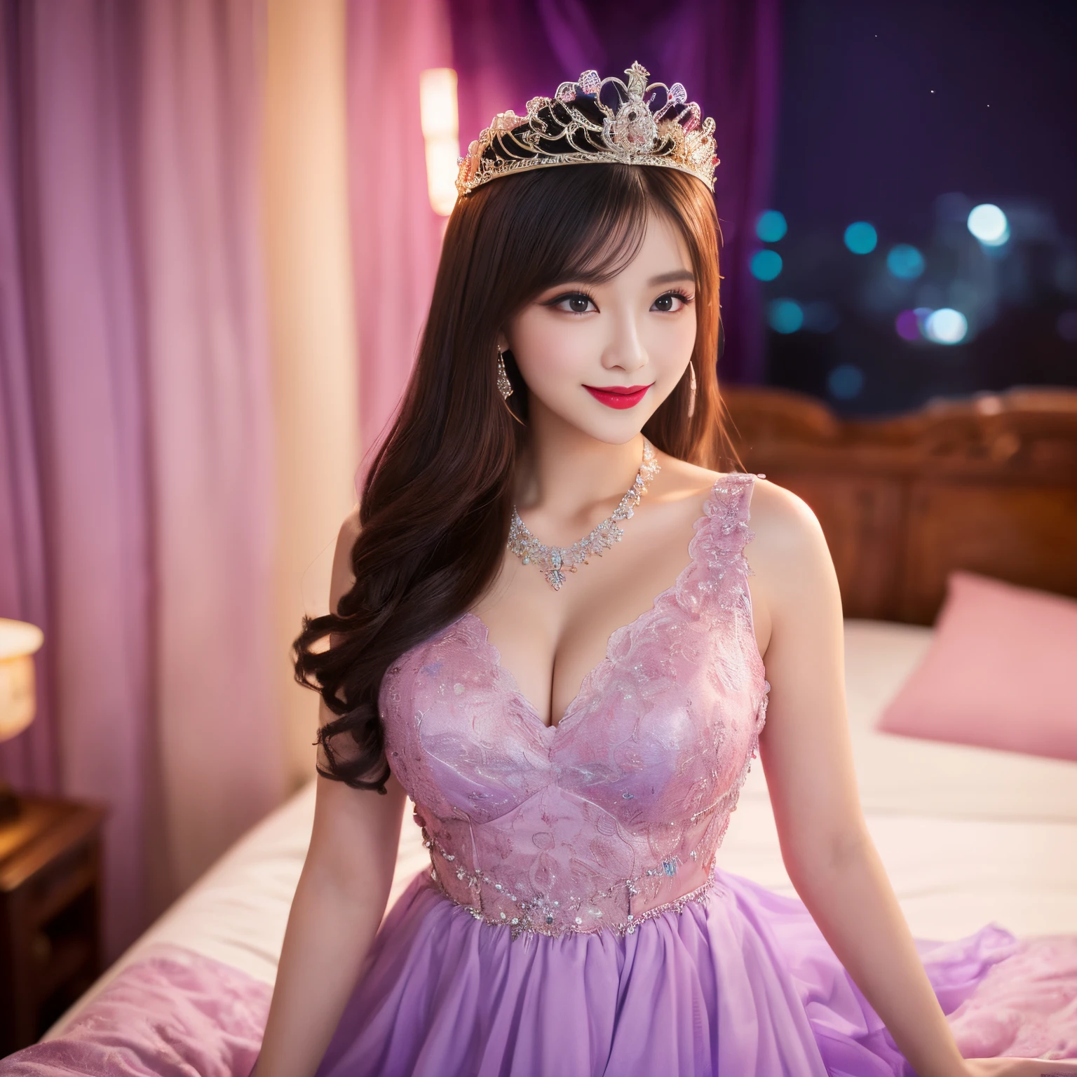 ((top-quality、masutepiece、8K、Top image quality、Highly complex and detailed depictions))、(Chinese princess upper body photo:1.3)、(purple and pink goddess bedroom:1.3)、huge top quality tiara、huge top quality necklace、Chinese luxury costume of the most sacred goddess、Deities々Shining goddess costume、(purple and pink goddess bedroom:1.3)、purple and pink lighting、The most elaborate and sacred goddess costume、(A room filled with pink and purple light:1.2)、(Bed surrounded by huge beautiful purple and pink curtains:1.2)、spectacular movie lighting、(romantic midnight:1.3)、Very complex decoration、(View me、Bewitching smile、Perfect makeup、long eyelashes、lipsticks、Pink eyeshadows、perfect anatomia、A slight smil)