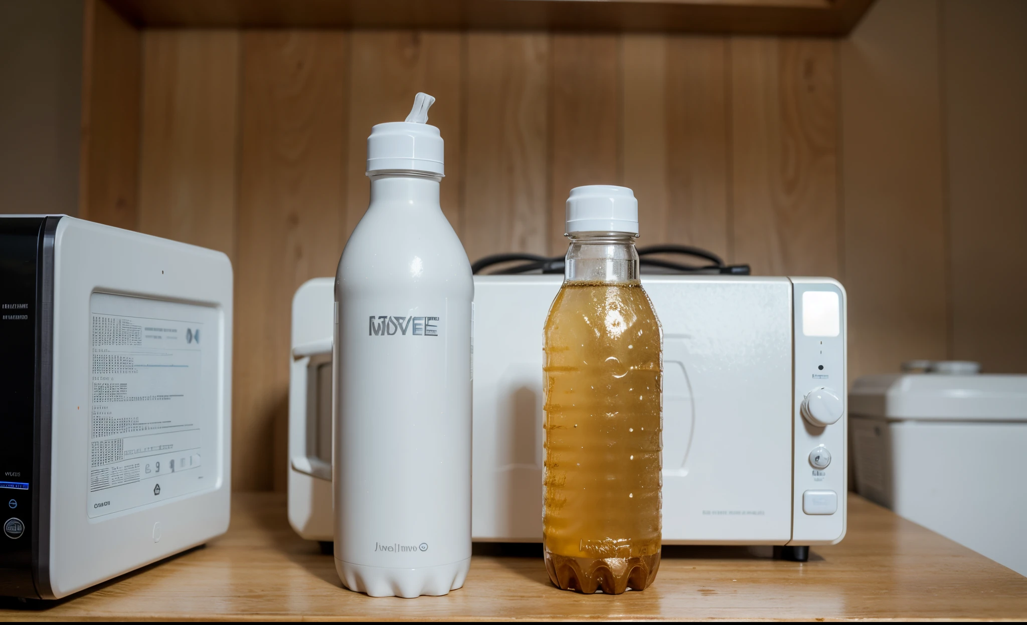 ((best quality)), plastic water bottle, microwave, plastic bottle in the microwave