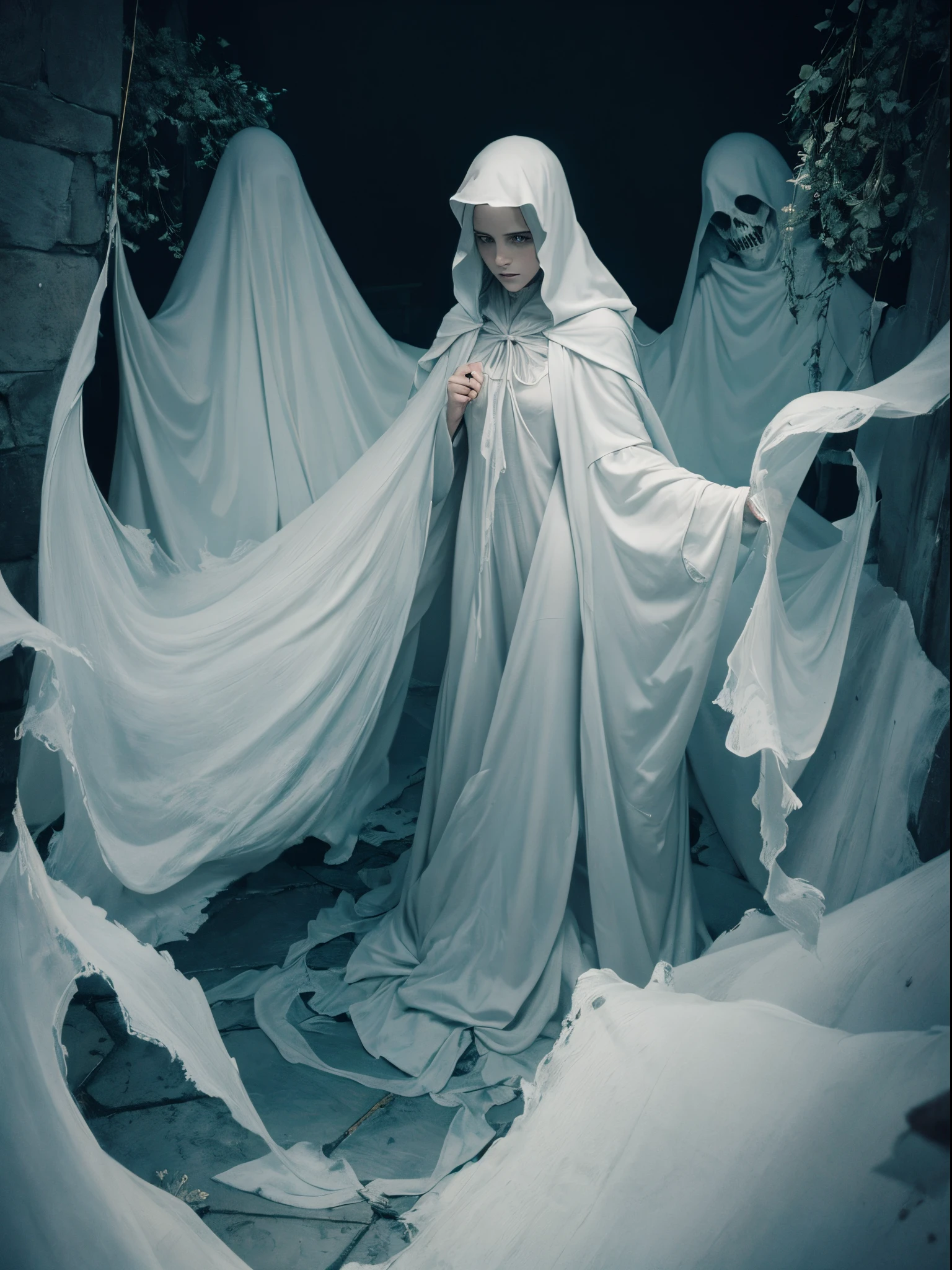 (analog photo:1.2),((Art Retouching),mysterious ritual,close (Spooky ghost:1.3) Dark stone room、Dusty basement, Spider web, Torn cloth, Looking at the camera,Foggy, Film Grain, analog, Bokeh, Lomography Color Negative 400),(midnight, high quality, Film Grain), (Natural Color, Correct White Balance, Color Correction, Haze Removal,Clarity)