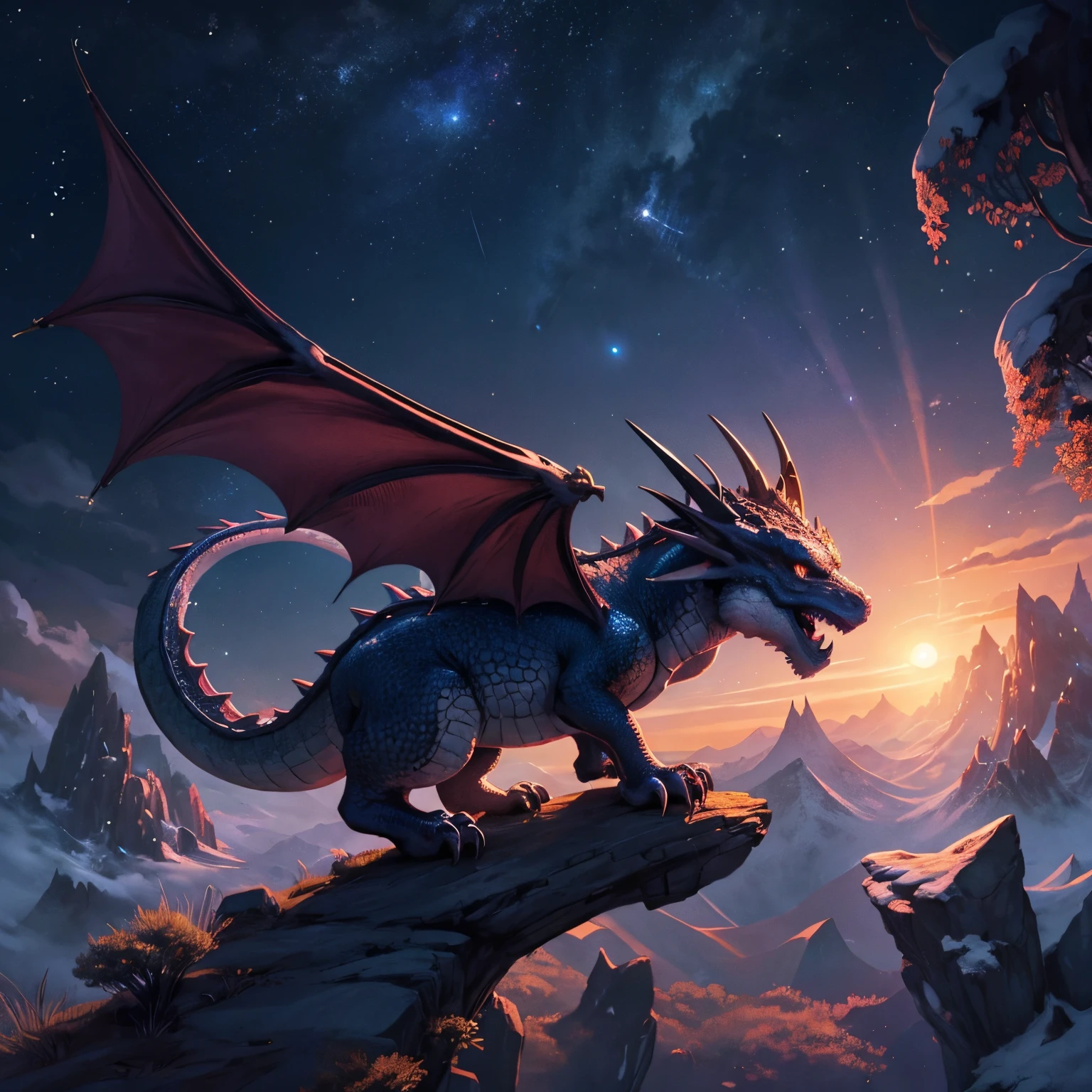 The dragon、illustratio、friendly、The background is a simple night sky、just before sunrise、margin for writing、cheerfulness