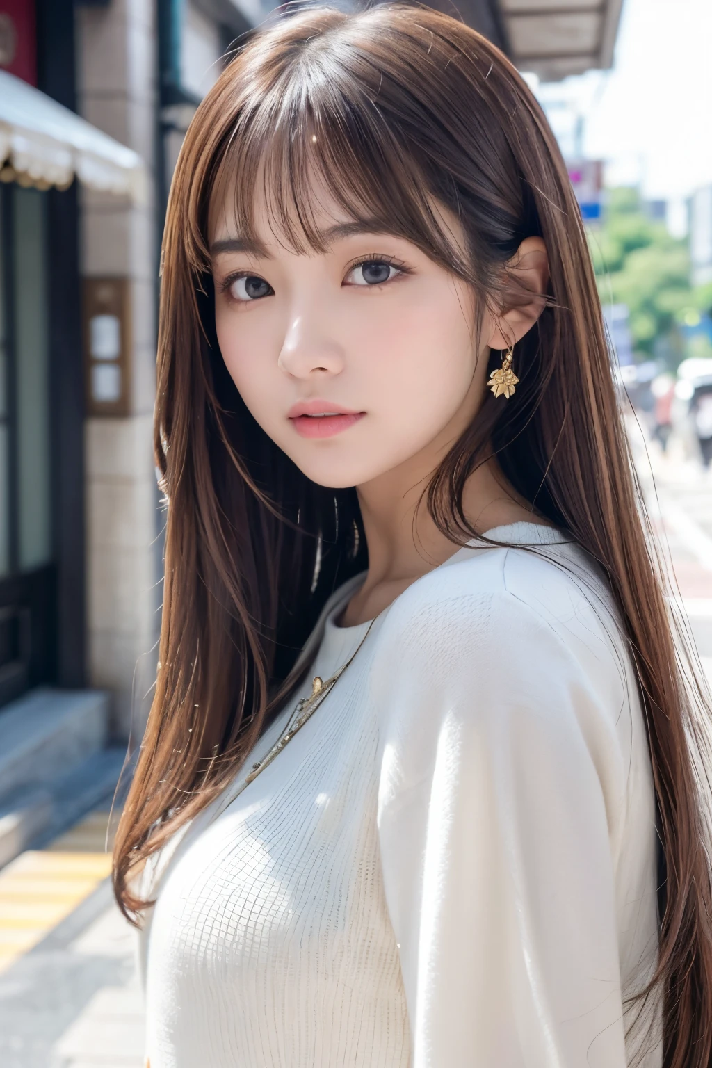 ​masterpiece、1 beautiful girl、A detailed eye、Puffy eyes、top-quality, 超A high resolution, (Realisticity: 1.4), cinematlic lighting、japanes、Asian Beauty、Korea person、Super beauty、Beautiful skin、The body is facing forward、up of face、(A hyper-realistic)、(hight resolution)、(8K)、(ighly detailed)、(beautifully detailed eyes)、(ultra-detailliert)、 (wall-paper)、A detailed face、Bright lighting、profetional lighting、looking at viewert、Facing straight ahead、oblique bangs、head with brown hair、乃木坂アイドル、韓国アイドル、hposing Gravure Idol、女優、age19、