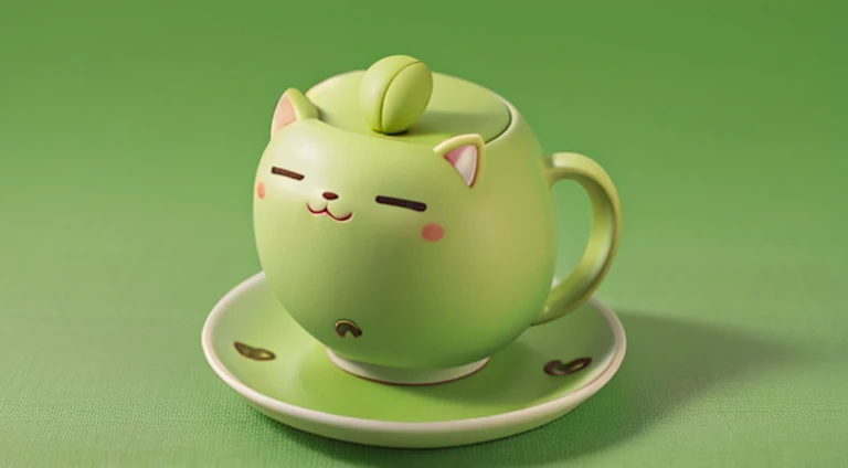 tea pet,Green,Solid color background plate,Has a cute expression,looks like tea leaves