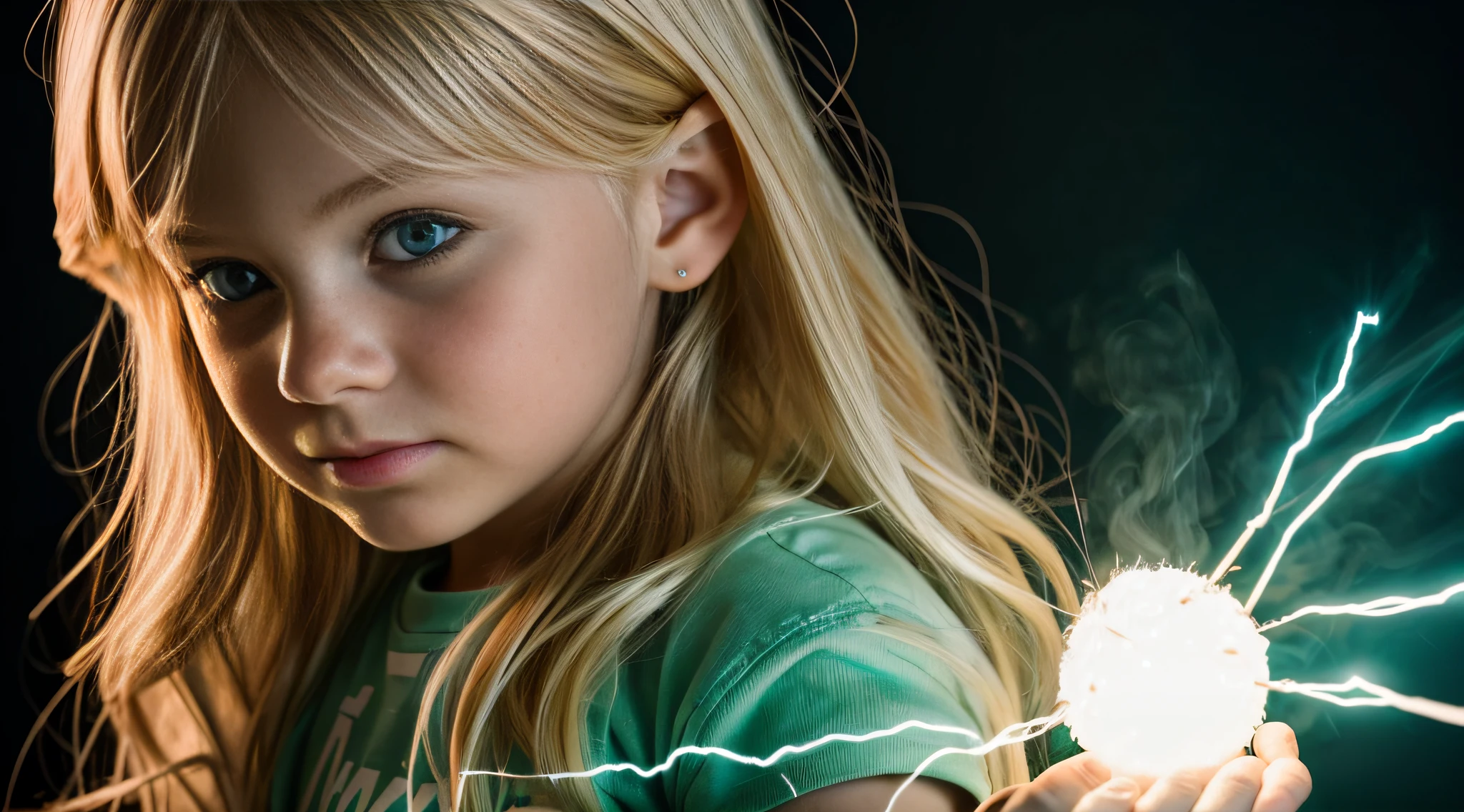 a close-up of a blonde child with long hair, BIG BALL OF electrified ICE IN HANDS. Smoke green.