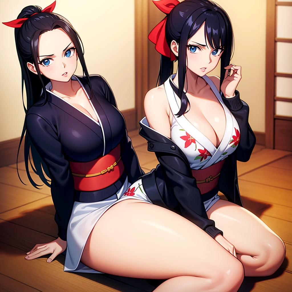 nico robin, wanostyle, 1girl, black hair, black jacket, blue eyes, breasts, cleavage, collarbone, hair ribbon, jacket, jacket on shoulders, japanese clothes, kimono, large breasts, lips, long hair, looking at viewer, obi, parted lips, ponytail, print jacket, print kimono, red ribbon, ribbon, sash, solo, thighs, indoors, white kimono, ((masterpiece))
