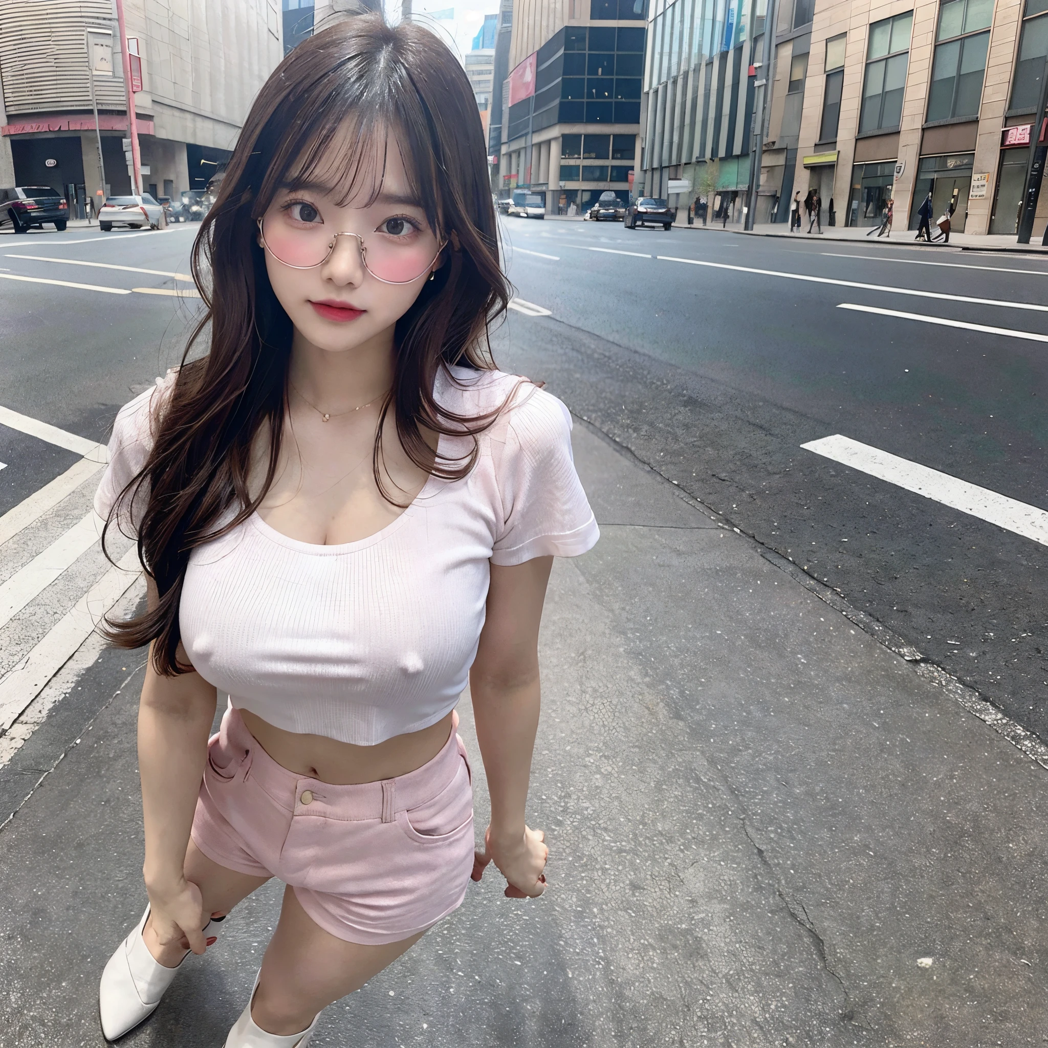 A girl was walking on the street, wearing light pink fashion glasses and a loose, extremely short white T-shirt that outlined her nipples with her fingertips. The chest is thrust forward, two very large round breasts stand out, revealing the navel and part of the abdomen. She wore pink shorts, her butt was tight, her buttocks were clearly visible. Long, white and very beautiful legs. 2 hands free. She wore high heels, and many passersby looked at her admiringly. Hands, fingers, and feet are not defective. Full body image, not covering any part of the body.