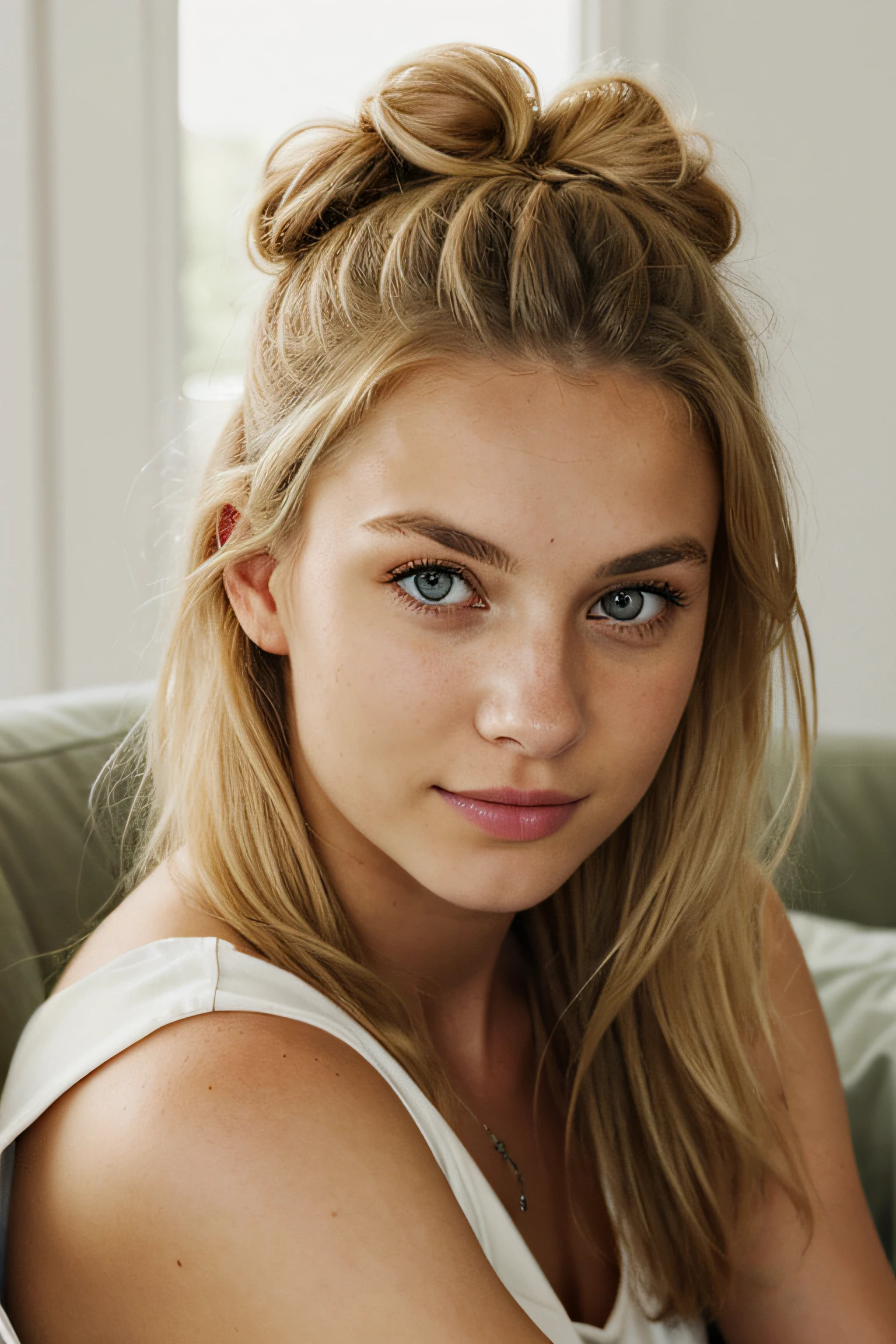 eye contact of a gorgeous swedish 19-year old blonde with bun hair and olive eyes, on a couch