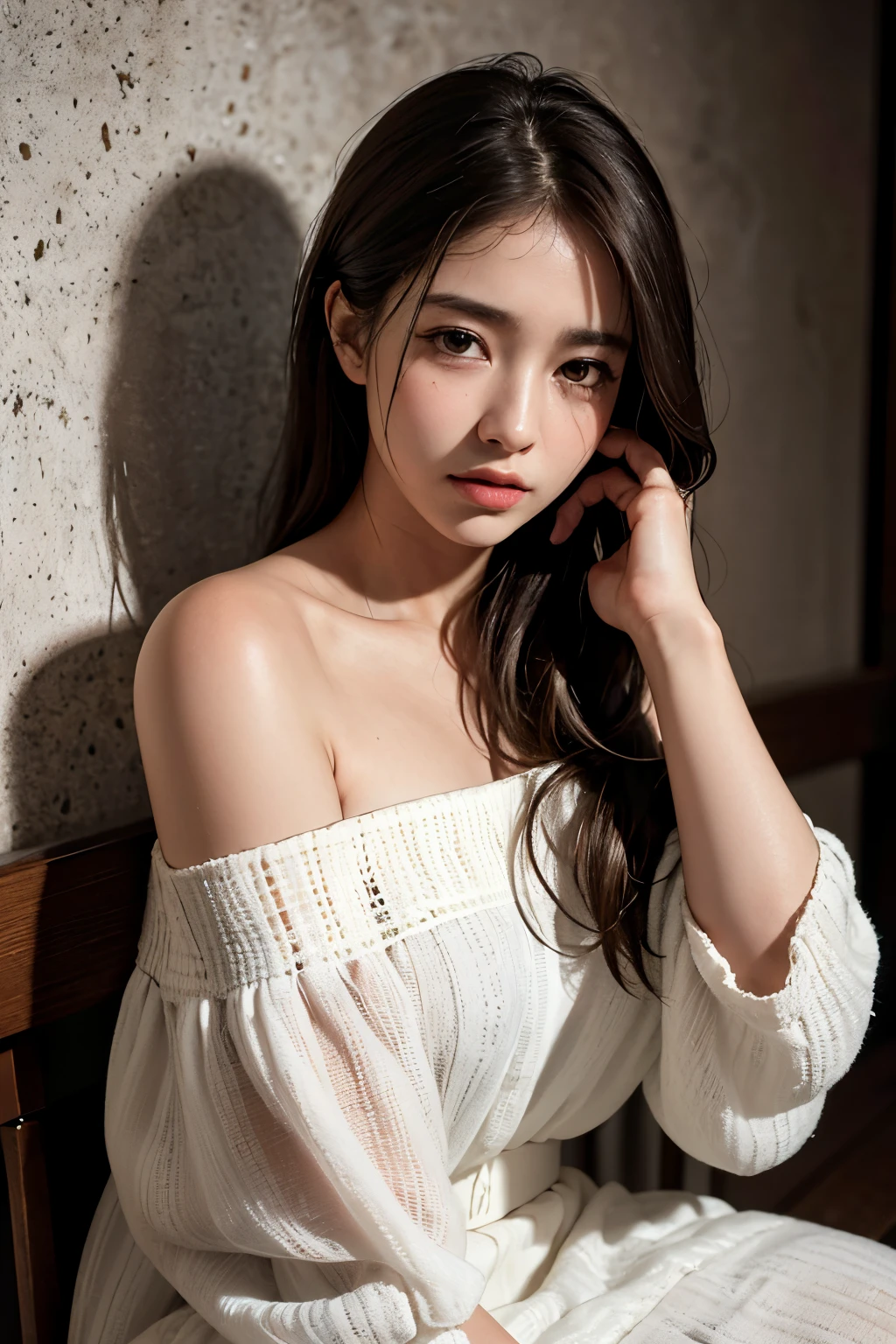 Best quality, masterpiece, ultra high res, (photorealistic:1.4), raw photo, (Authentic skin texture:1.3), (film grain:1.3), panorama, character portrait, very wide shot, narrow waist, cowboy shot, (in the dark, deep shadow, low key, cold light,) night, close-up, streaming tears,
indoor, dust, Tyndall effect, sad, disappointed, gloom (expression), sitting, (against wall), crying, frown, (head bowed), nervous, tearing up, lonely,
1girl, beautiful detailed eyes and face, white jabot, off shoulder, brown eyes,