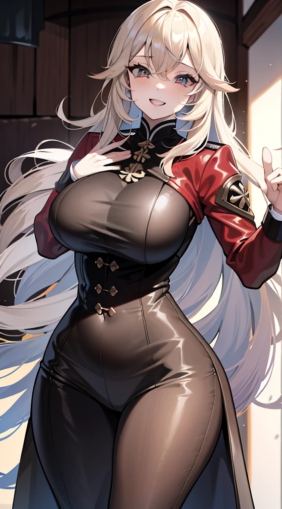 A determined and ambitious warrior, pretty face, serious face, white hair, red eyes, perfect body, fit body, abdomen, big breasts, wearing Victorian-era armor, muscular, who fights to become the strongest