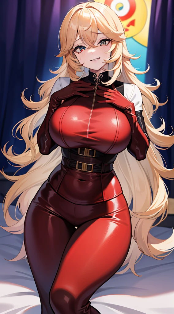 Adult woman, cabelos pretos longos, rabo de cavalo alto, olhos vermelhos, quimono vermelho, barriga aberta, seios enormes, coxas abertas, sorriso, master part, Hiqualidade