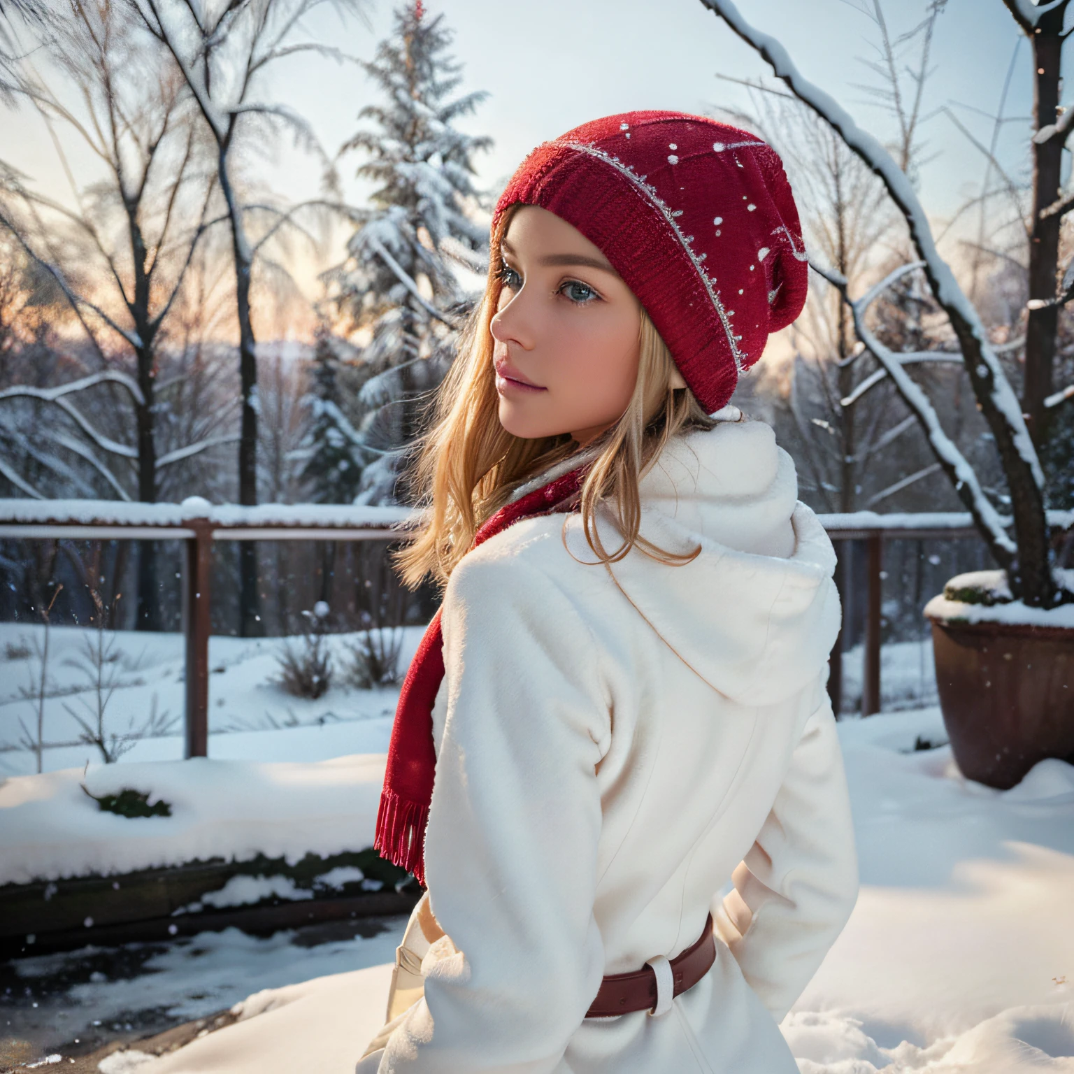 photorealistic, best quality, hyper detailed, woman from the back looking away, head facing the ground, show no hands in the picture, looking at the ground, looking away, detailed lips, blonde hair, 8K, iperrealistic, beautiful woman with natural blonde hair, seeing woman from behind, seeing her back, wearing red jacket and a red scarf in the snow, feminine posture, feminine figure, outside snow, watching the snow on the ground, lean figure, dreamy atmosphere, girlfriend type of woman, wearing a winter cap, outside snowing, wearing red gloves, (outside), (evening), (relaxed), film grain, close up, ultra high res, best shadow, RAW, instagram LUT, very lean figure, soft lighting, blanket covering body, christmassy ambiance, looking away,