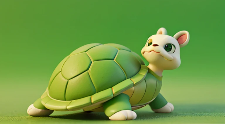 Tea pet animated image，Green，Solid color background plate，Has a cute expression，looks like tea leaves，Disney  style，8k，anthropomorphic turtle