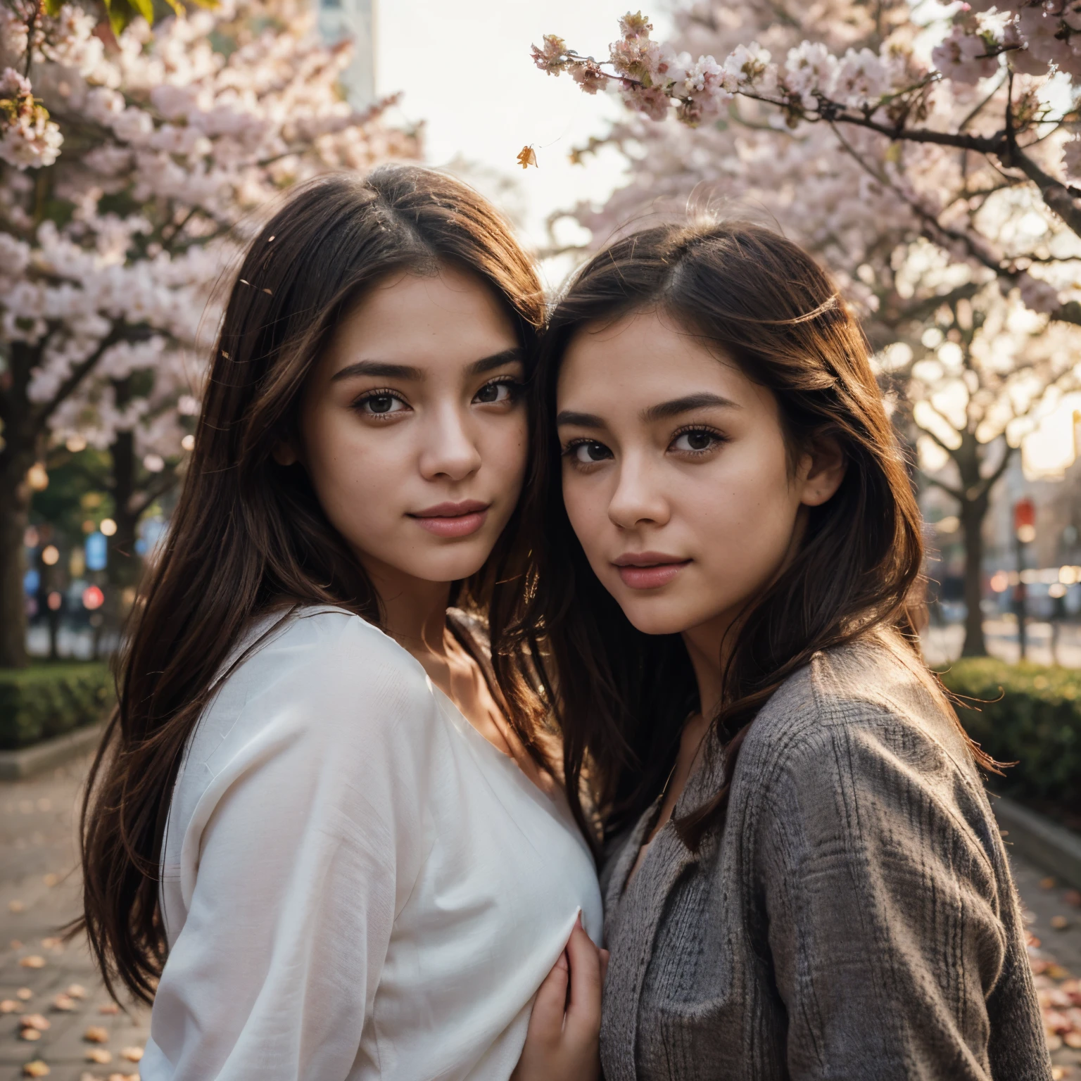 (best quality,4k,highres,masterpiece:1.2),ultra-detailed,(realistic:1.37),portrait,anime style,colorful,cityscape,park,sunset,(bustling streets, vibrant atmosphere),two individuals facing each other,one girl with (gentle,kind) eyes and (soft,smiling) lips,one girl with (sharp,intense) eyes and (confident,determined) lips.Exquisite details on both girls' faces and expressions, every strand of hair visible, intricate clothes reflecting their personalities, elegant and dynamic poses, (visible emotions upon their faces),(slight wind gently blowing their hair),bright city lights illuminating the background,shadow and light contrast, warm color tones and soft ambiance, beautiful (cherry blossom,falling leaves) floating in the air,creating a mesmerizing and dreamlike scene.