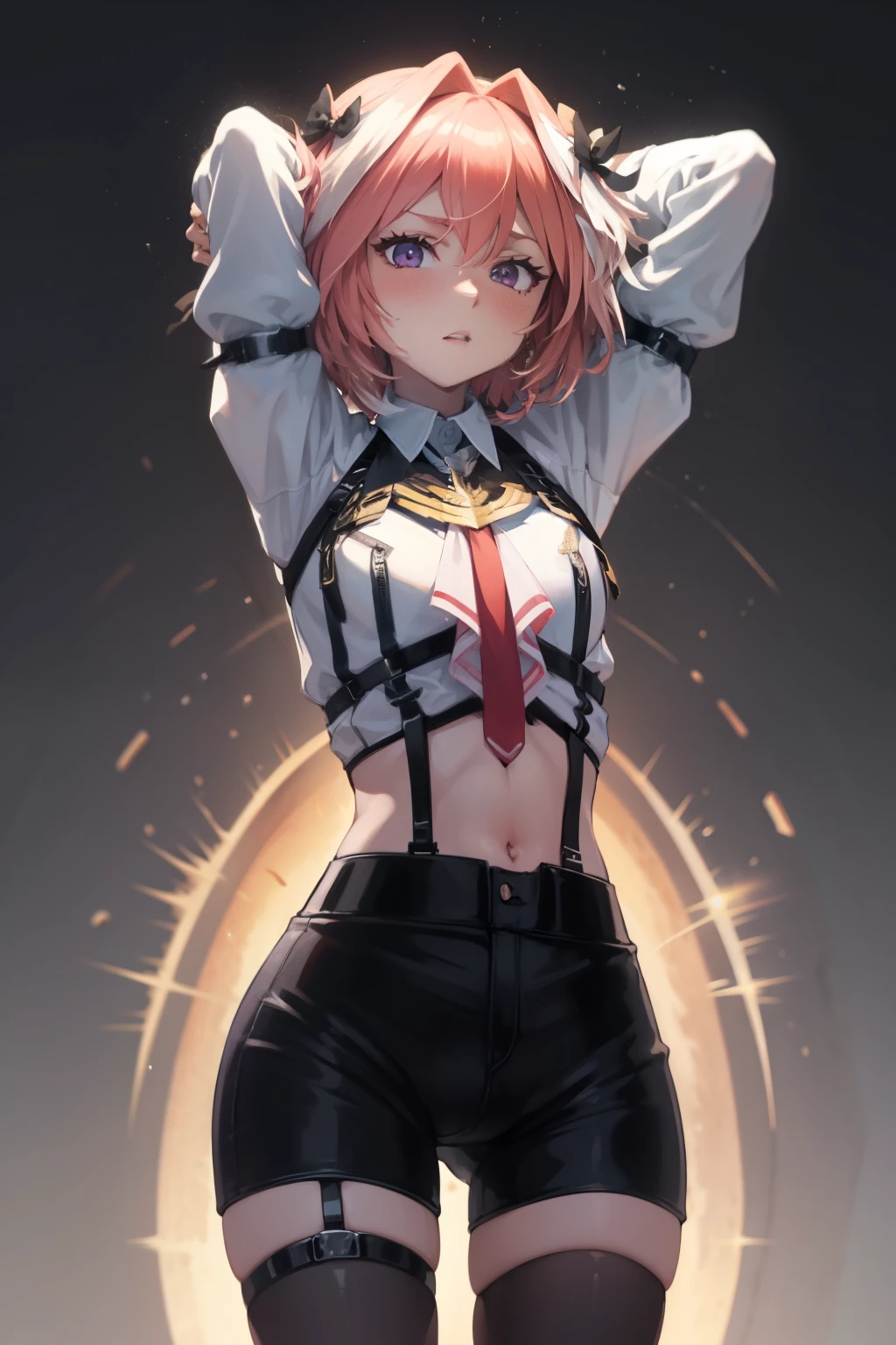 absurdres, masterpiece, best quality, (astolfo fate:1.2155), 1boy, male focus, solo, trap, pink multicolored hair, pink hair, white hair, hair intakes, long hair, pink detailed eyes, crossdressing, black panties, exposed navel,cowboy shot,white shirt, pantyhose, thigh strap,astolfo (fate), large ,Intricate Details, 4K, arms above head, bandeau, bulge,blushing