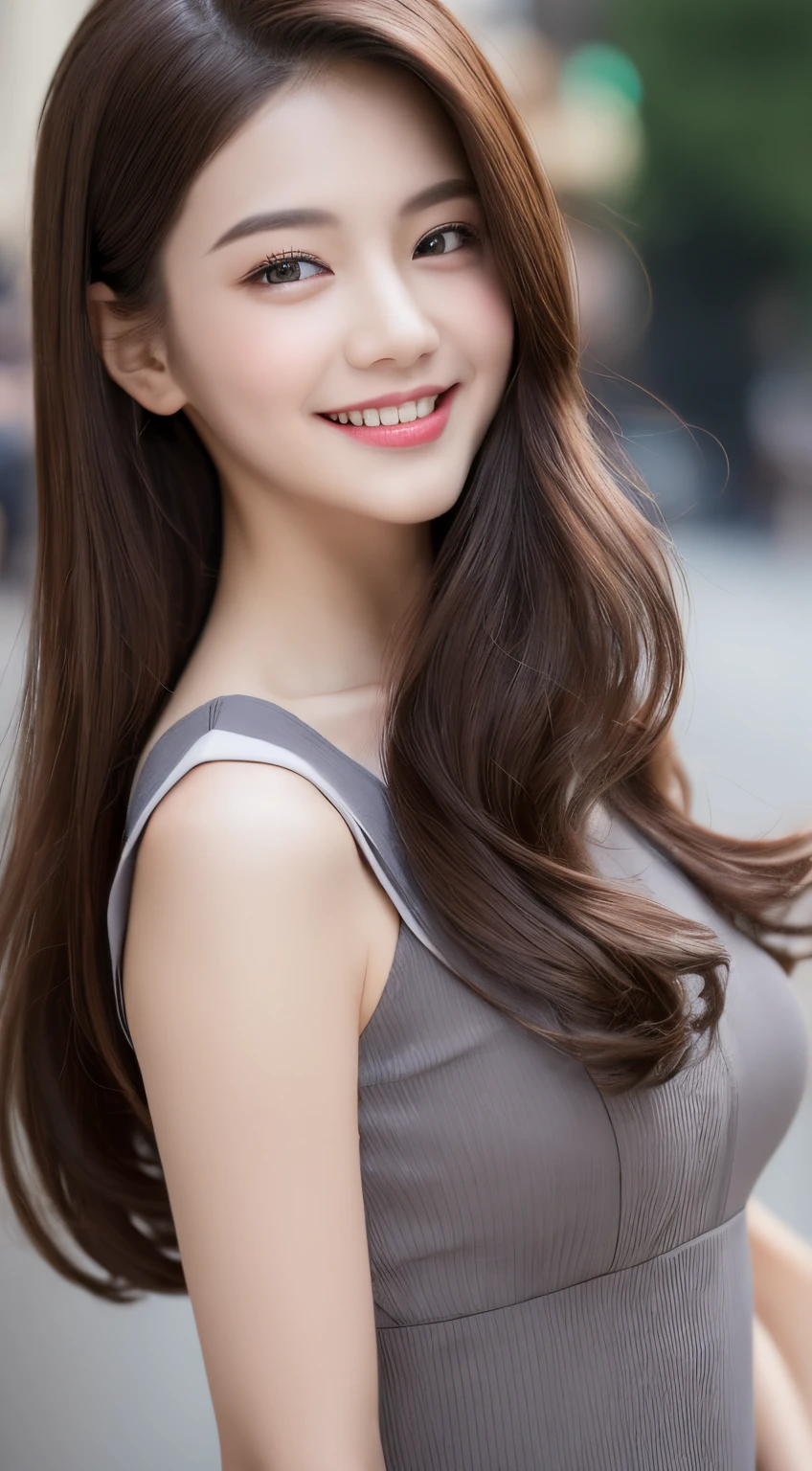 ((Best quality, 8k, Masterpiece :1.3)), 1girl, smiling, full body, slim face, Pretty woman, (Dark brown hair), full length dress :1.1, Ultra-detailed face, Detailed eyes, Double eyelid, blur background, slim face, city, outside, street,