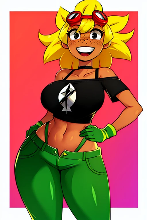 Solar_The Flash_(Plants_against_zombies_Heroes), Masterpiece, Best Quality, 1girl, blonde hair, Smile, goggles, midriff, goggles on head, Shorts, bellybutton, open mouth, gloves, Black Eyes, sunflower, Sun, dark skin, flower, off-shoulder, Hand on hip, Shirt, dark skinned female, black undershirt, off-shoulder shirt, freckles, crop-top, looking a viewer, :D, green gloves, green shorts, teeth, Choker, Massive breasts, tetas grandes, Huge boobs, NSFW, lust, , thicc, Hot, big thighs