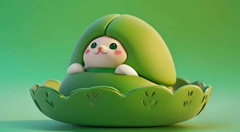 Green,Solid color background plate,Has a cute expression,looks like tea leaves,8k,Anthropomorphic animated image ip