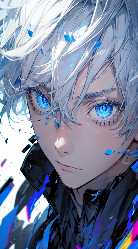 r1ge, Gray hair, blue eyes, glitter, shining eyes, shining eyes, handsome, 1 male, ((masterpiece)), (((best quality))), satoru gojo, white hair, short hair, hair between eyes, blue eyes, colored eyelashses,, more_details:-1, more_details:0, more_details:0.5, more_details:1, more_details:1.5, Glitching, glitch