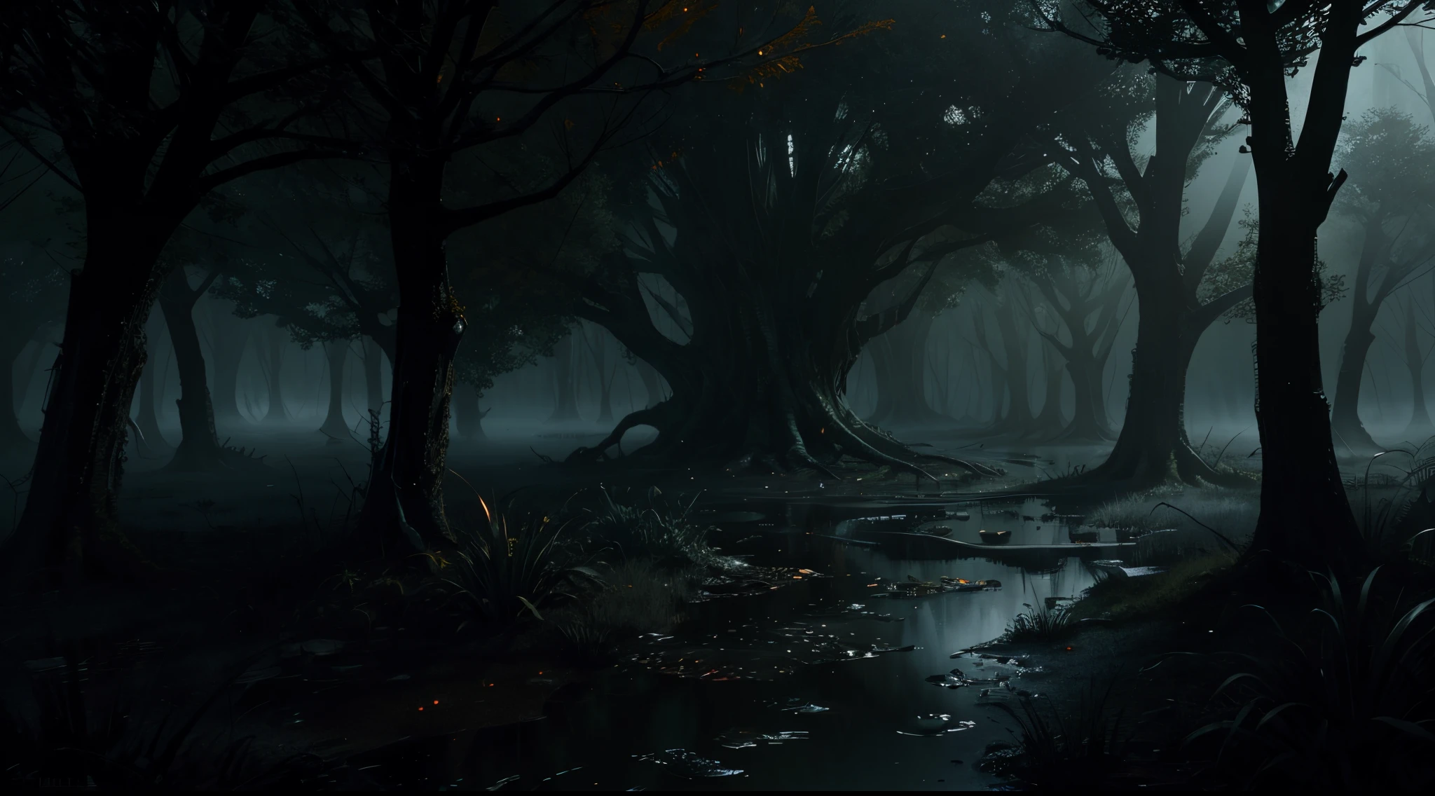 a creepy swamp, sci-fi horror, dramatic lighting, 4k, concept art, highly detailed, volumetric lighting, global illumination, octane render,  Style-SwampMagic, eldritch, cosmic, dark energy