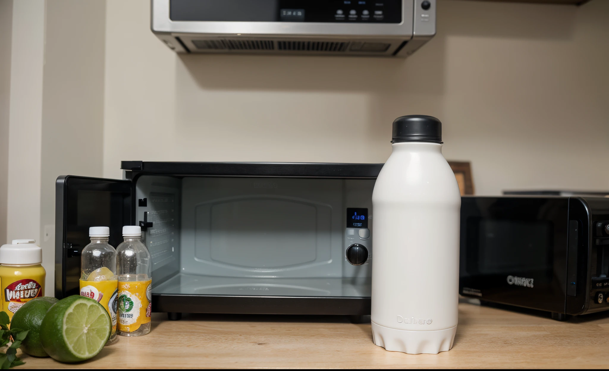 ((best quality)), plastic water bottle, microwave, plastic bottle in the microwave