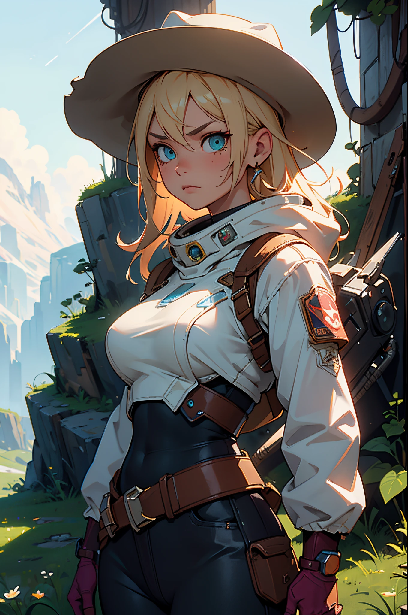 bldrnrst:1.1), Analog Style, Highest Quality, Masterpiece, (beautiful cinematic lighting), Front Shot, RAW color photo, of (female space outlaw wearing [cyberpunk|oldwest] attire), (cowboy hat), outdoors, (on alien planet), (lush green vegitation:0.8), (mountains:1.1), (sci-fi), (two moons in the sky:0.7), vivid details, (pretty detailed face), alluring eyes, blonde hair, serious look, (detailed skin), [tattoos], toned body, large breasts, firm fanny, (colorful lighting:0.6), (lens flare:0.7), (bloom:0.7),