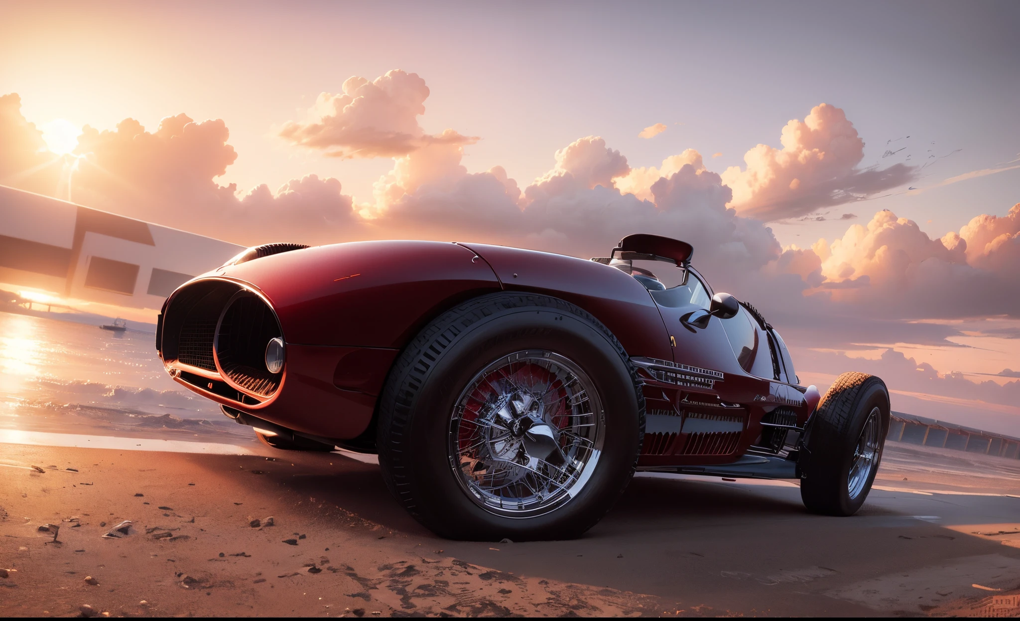 Um carro vintage vermelho formula 1 Ferrari F500 com praia, boats and yachts at sunrise with waterfront buildings by Syd Mead